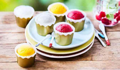 6 timbales de sorbet, framboise, mangue, citron
