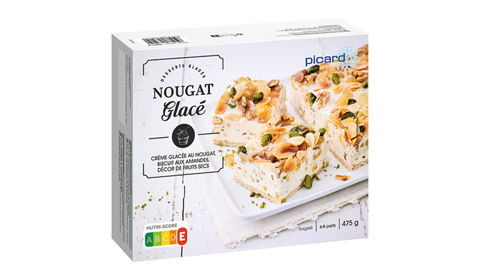 Nougat glacé, crème au nougat, biscuit aux amandes