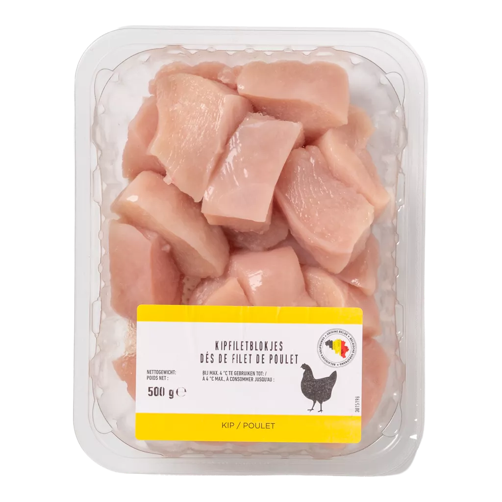 Dés de poitrine de poulet +-500gr